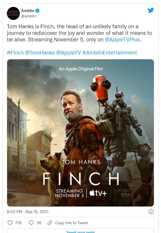 Motion CaptureTom Hanks Teams Up With A Dog And A Robot In The First Poster For Apple TV s Finch 