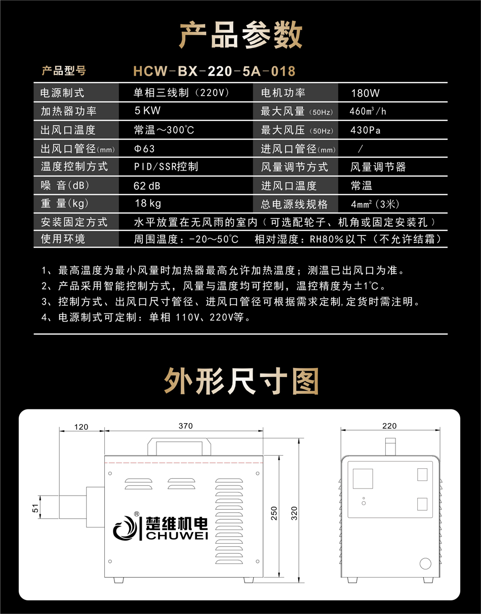 便攜式熱風(fēng)機(jī)的參數(shù)表和尺寸圖