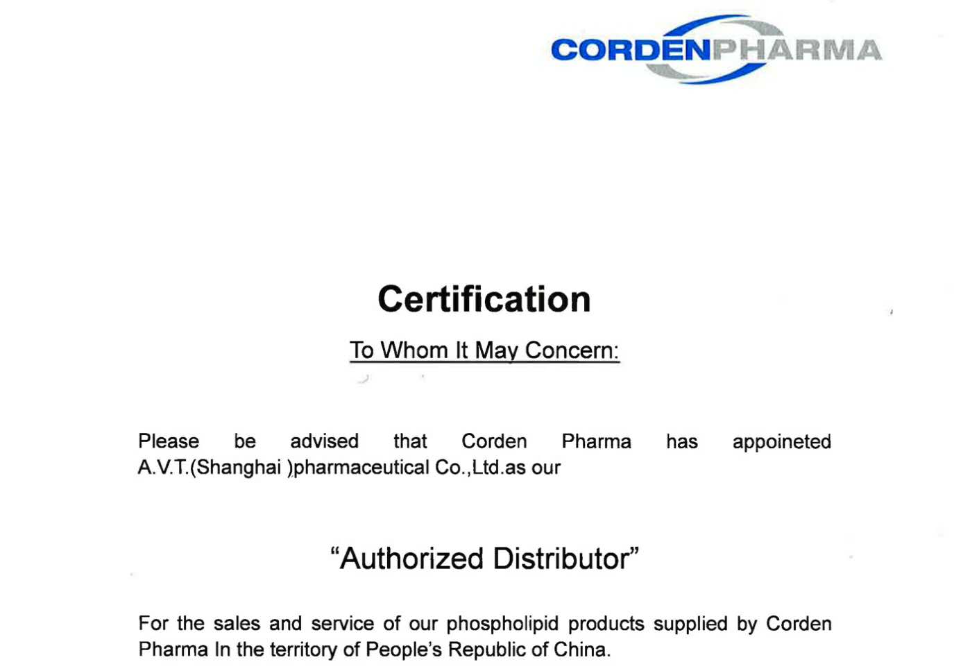 AVT取得瑞士CORDEN合成磷脂中国区独家销售代理授权-艾伟拓（上海）医药科技有限公司
