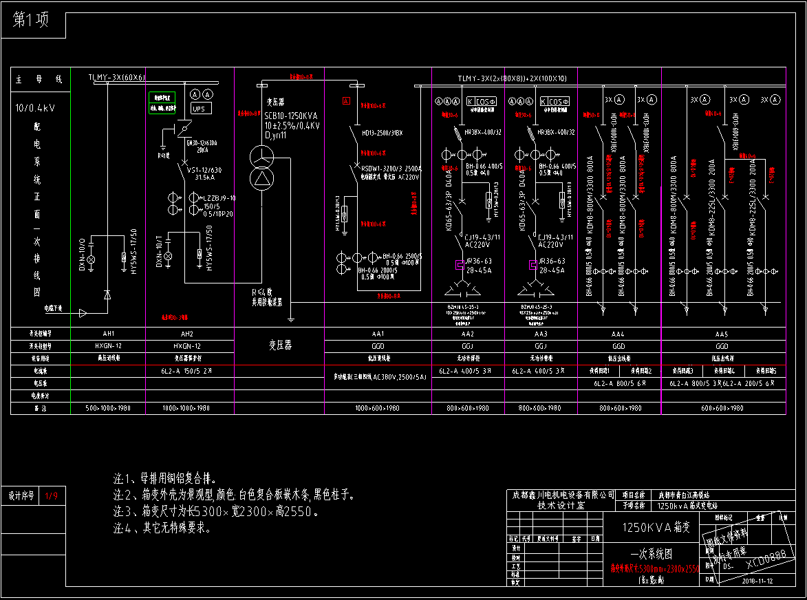 青白江1250kva箱式變電站設計圖