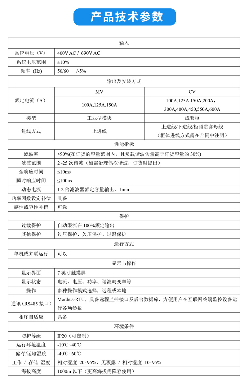 工業(yè)型有源電力濾波器APF技術(shù)參數(shù)