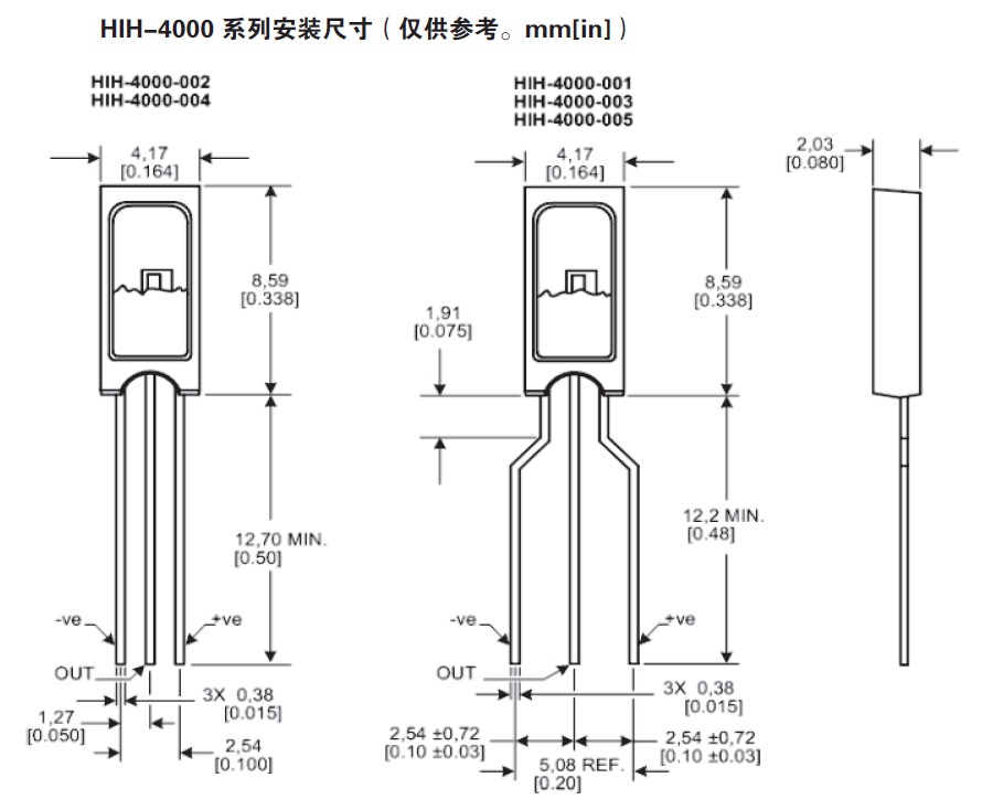 温湿度传感器之HIH-4000单湿度传感器元件电压输出型湿度传感器尺寸 温湿度传感器之HIH-4000单湿度传感器元件电压输出型湿度传感器尺寸