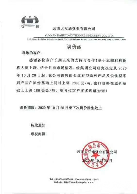 國(guó)產(chǎn)鈦白粉調(diào)價(jià)