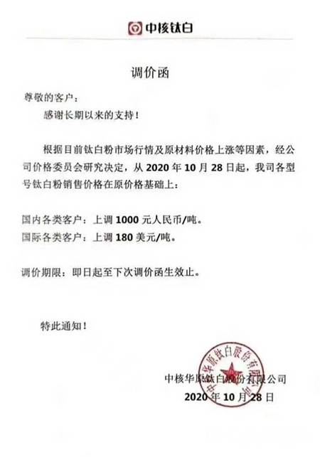 國(guó)產(chǎn)鈦白粉調(diào)價(jià)