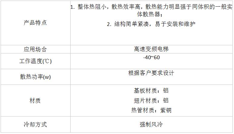 高速變頻電梯用熱管散熱器參數(shù)