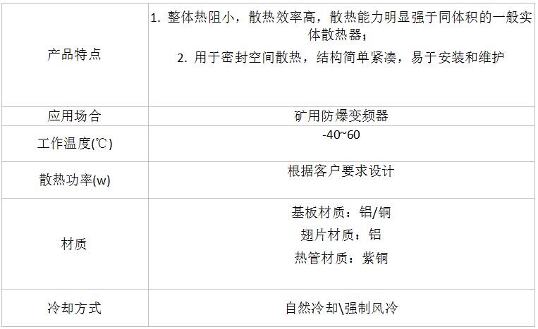 礦用防爆變頻器用熱管散熱器參數(shù)